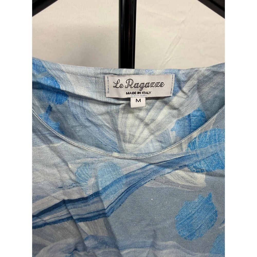 Le Ragazze Made in Italy Blue Linen Blend Abstract Leaf Midi Dress Size M - Picture 5 of 8